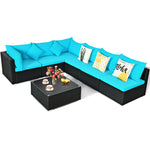 7-Piece PE Rattan Outdoor Sectional Sofa with Tempered Glass Top Table & Cushions, Wicker Patio Furniture Set for Garden Poolside Balcony