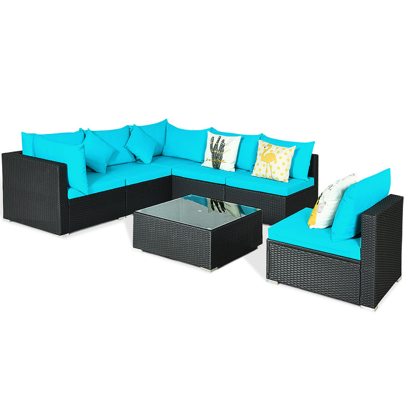7-Piece PE Rattan Outdoor Sectional Sofa with Tempered Glass Top Table & Cushions, Wicker Patio Furniture Set for Garden Poolside Balcony