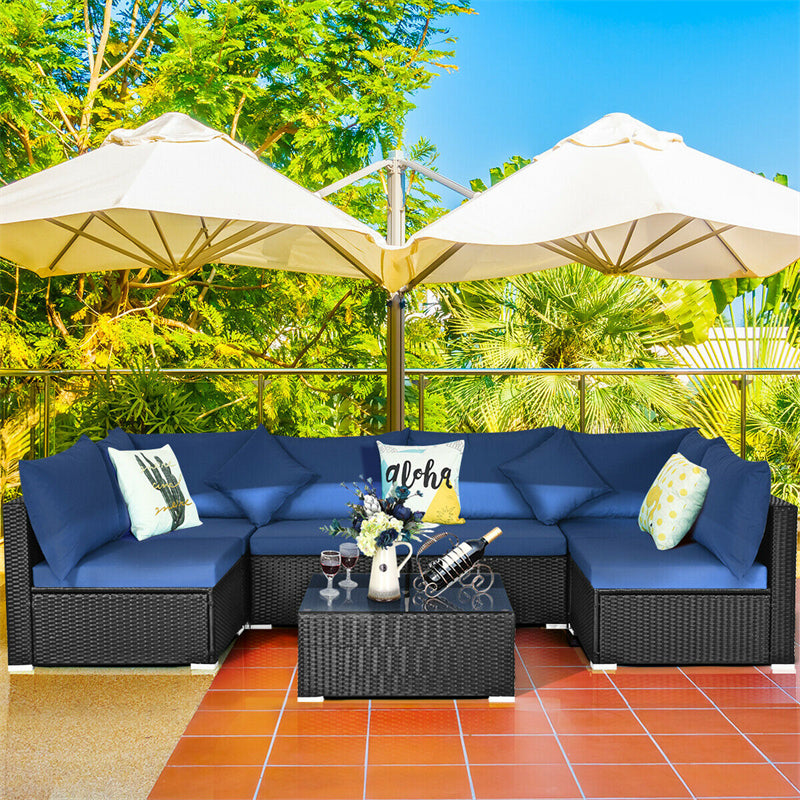 7-Piece PE Rattan Outdoor Sectional Sofa with Tempered Glass Top Table & Cushions, Wicker Patio Furniture Set for Garden Poolside Balcony