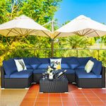 7-Piece PE Rattan Outdoor Sectional Sofa with Tempered Glass Top Table & Cushions, Wicker Patio Furniture Set for Garden Poolside Balcony