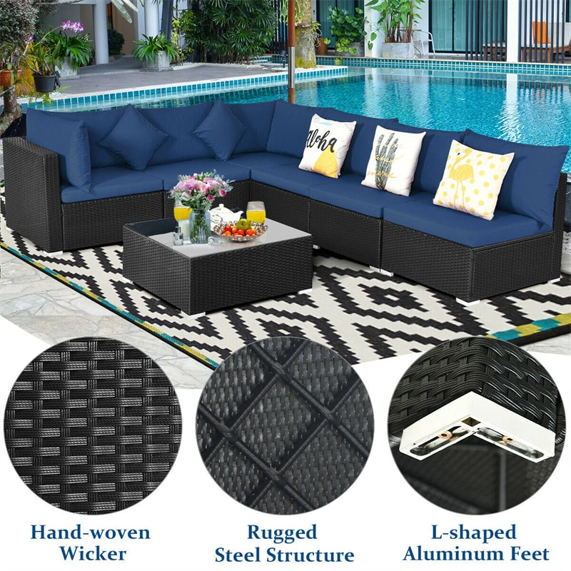 7-Piece PE Rattan Outdoor Sectional Sofa with Tempered Glass Top Table & Cushions, Wicker Patio Furniture Set for Garden Poolside Balcony