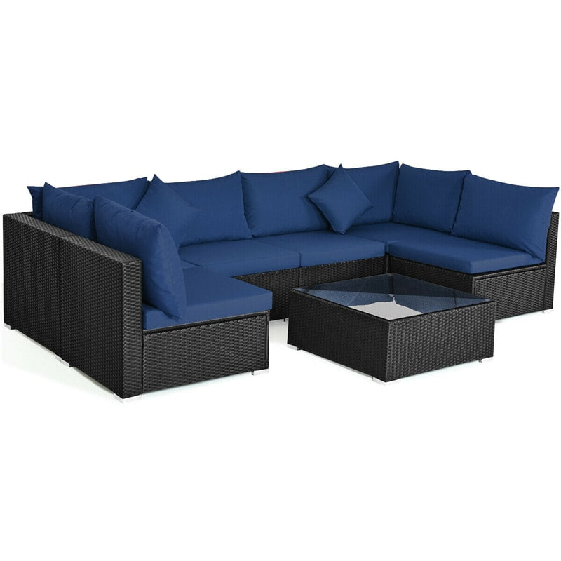7-Piece PE Rattan Outdoor Sectional Sofa with Tempered Glass Top Table & Cushions, Wicker Patio Furniture Set for Garden Poolside Balcony