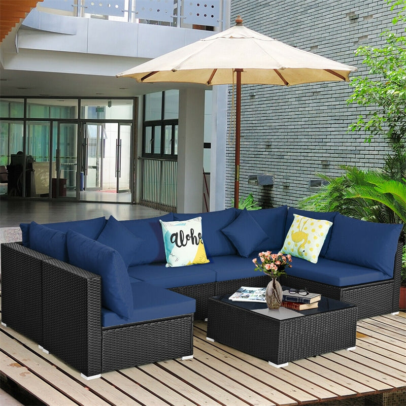 7-Piece PE Rattan Outdoor Sectional Sofa with Tempered Glass Top Table & Cushions, Wicker Patio Furniture Set for Garden Poolside Balcony