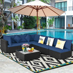 7-Piece PE Rattan Outdoor Sectional Sofa with Tempered Glass Top Table & Cushions, Wicker Patio Furniture Set for Garden Poolside Balcony