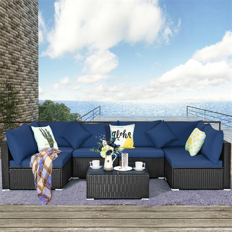 7-Piece PE Rattan Outdoor Sectional Sofa with Tempered Glass Top Table & Cushions, Wicker Patio Furniture Set for Garden Poolside Balcony