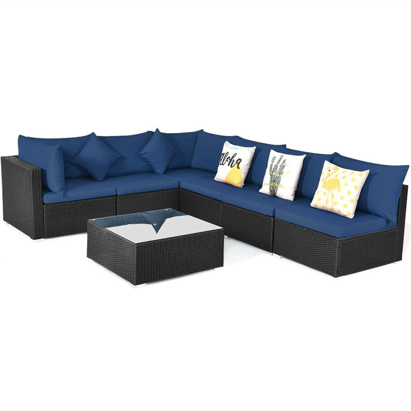 7-Piece PE Rattan Outdoor Sectional Sofa with Tempered Glass Top Table & Cushions, Wicker Patio Furniture Set for Garden Poolside Balcony
