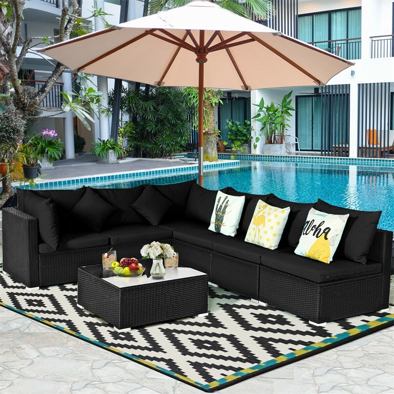 7-Piece PE Rattan Outdoor Sectional Sofa with Tempered Glass Top Table & Cushions, Wicker Patio Furniture Set for Garden Poolside Balcony