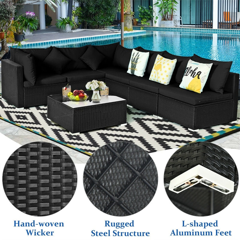 7-Piece PE Rattan Outdoor Sectional Sofa with Tempered Glass Top Table & Cushions, Wicker Patio Furniture Set for Garden Poolside Balcony