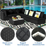 7-Piece PE Rattan Outdoor Sectional Sofa with Tempered Glass Top Table & Cushions, Wicker Patio Furniture Set for Garden Poolside Balcony