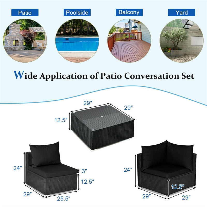 7-Piece PE Rattan Outdoor Sectional Sofa with Tempered Glass Top Table & Cushions, Wicker Patio Furniture Set for Garden Poolside Balcony