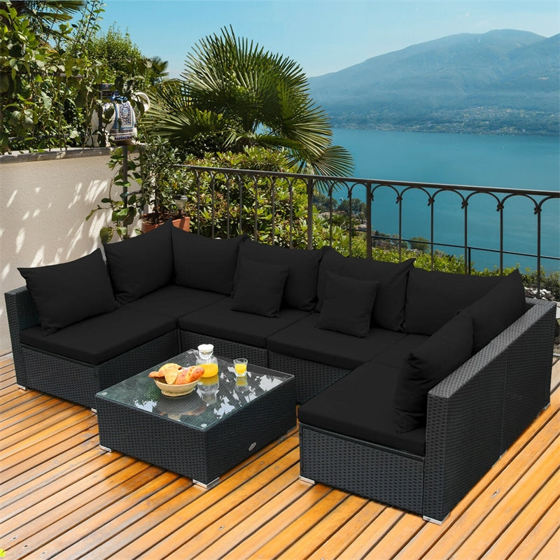 7-Piece PE Rattan Outdoor Sectional Sofa with Tempered Glass Top Table & Cushions, Wicker Patio Furniture Set for Garden Poolside Balcony