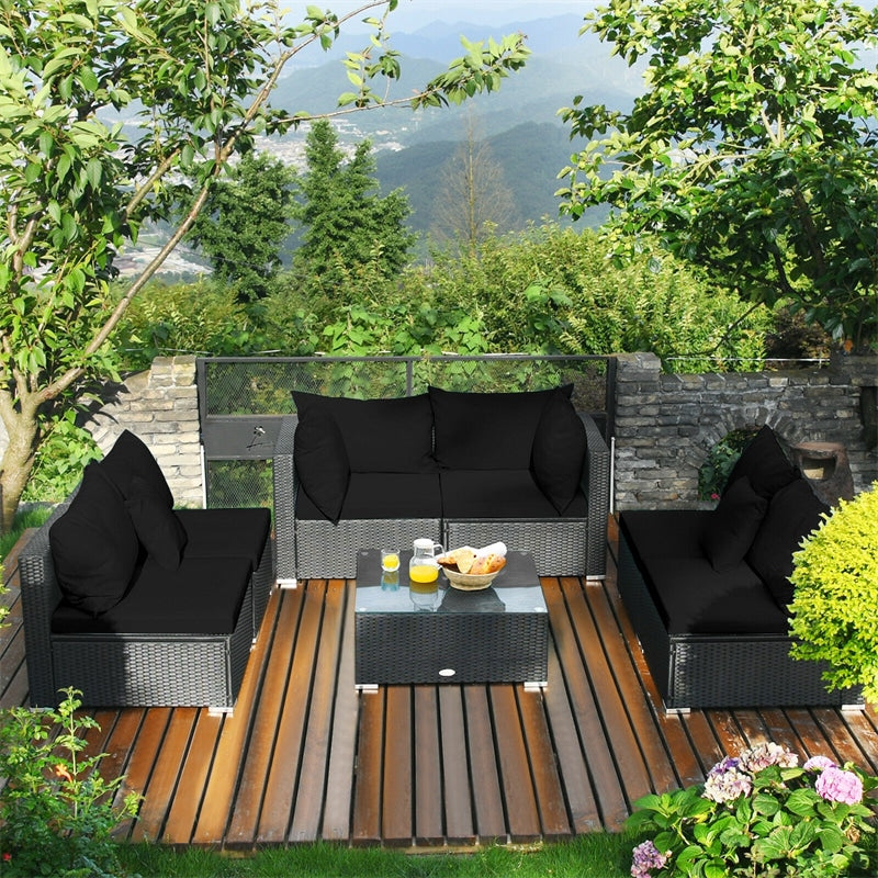 7-Piece PE Rattan Outdoor Sectional Sofa with Tempered Glass Top Table & Cushions, Wicker Patio Furniture Set for Garden Poolside Balcony