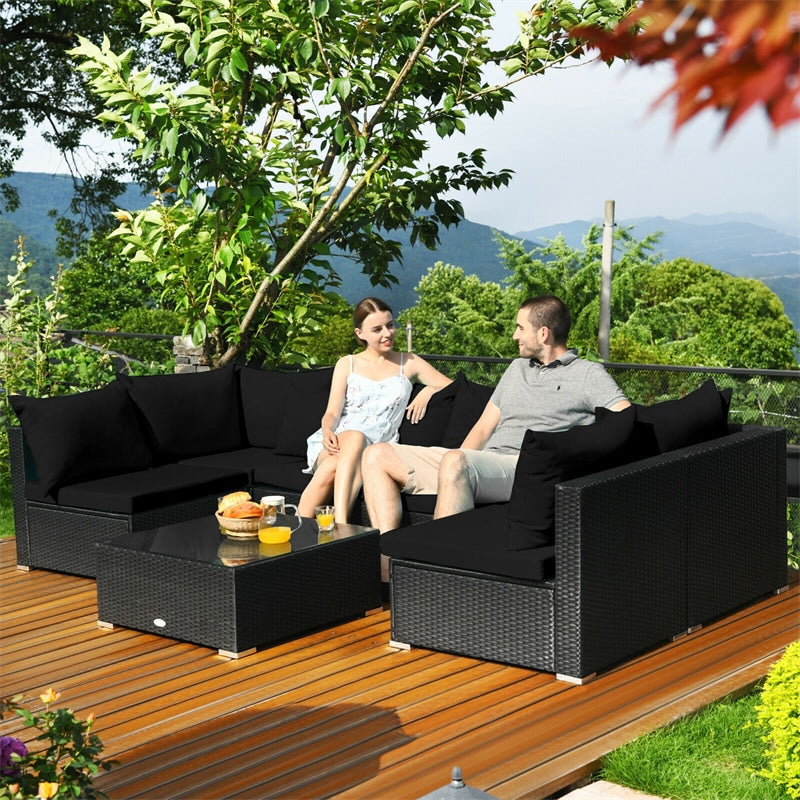 7-Piece PE Rattan Outdoor Sectional Sofa with Tempered Glass Top Table & Cushions, Wicker Patio Furniture Set for Garden Poolside Balcony