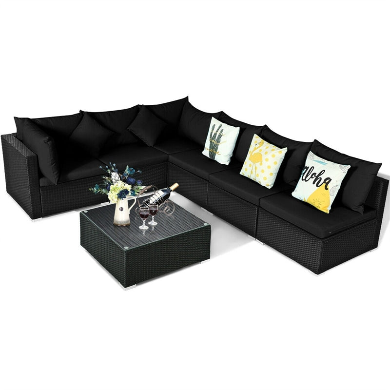 7-Piece PE Rattan Outdoor Sectional Sofa with Tempered Glass Top Table & Cushions, Wicker Patio Furniture Set for Garden Poolside Balcony