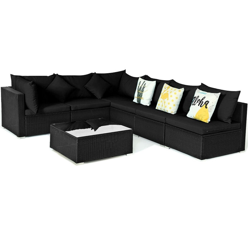 7-Piece PE Rattan Outdoor Sectional Sofa with Tempered Glass Top Table & Cushions, Wicker Patio Furniture Set for Garden Poolside Balcony