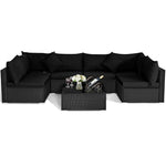 7-Piece PE Rattan Outdoor Sectional Sofa with Tempered Glass Top Table & Cushions, Wicker Patio Furniture Set for Garden Poolside Balcony