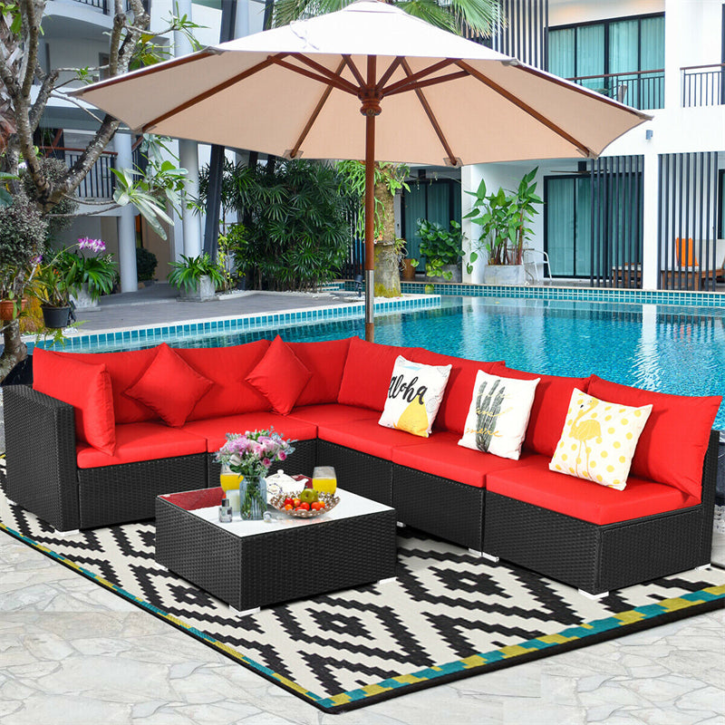 7-Piece PE Rattan Outdoor Sectional Sofa with Tempered Glass Top Table & Cushions, Wicker Patio Furniture Set for Garden Poolside Balcony
