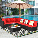 7-Piece PE Rattan Outdoor Sectional Sofa with Tempered Glass Top Table & Cushions, Wicker Patio Furniture Set for Garden Poolside Balcony