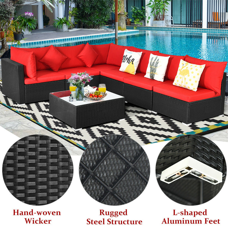 7-Piece PE Rattan Outdoor Sectional Sofa with Tempered Glass Top Table & Cushions, Wicker Patio Furniture Set for Garden Poolside Balcony