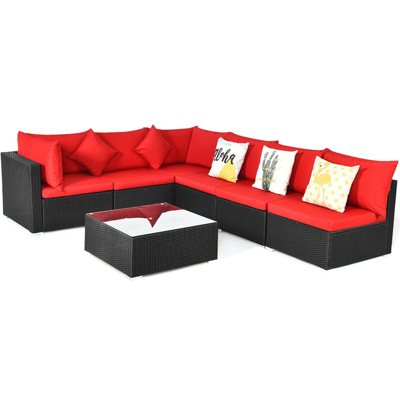 7-Piece PE Rattan Outdoor Sectional Sofa with Tempered Glass Top Table & Cushions, Wicker Patio Furniture Set for Garden Poolside Balcony