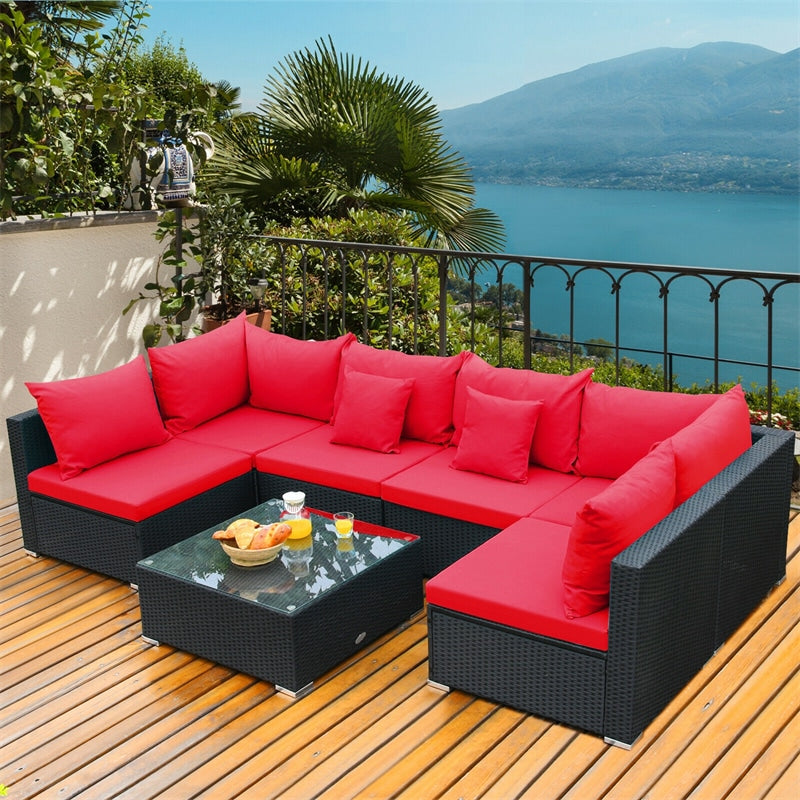7-Piece PE Rattan Outdoor Sectional Sofa with Tempered Glass Top Table & Cushions, Wicker Patio Furniture Set for Garden Poolside Balcony