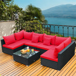 7-Piece PE Rattan Outdoor Sectional Sofa with Tempered Glass Top Table & Cushions, Wicker Patio Furniture Set for Garden Poolside Balcony