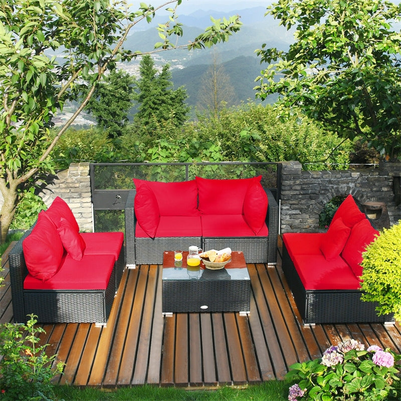 7-Piece PE Rattan Outdoor Sectional Sofa with Tempered Glass Top Table & Cushions, Wicker Patio Furniture Set for Garden Poolside Balcony