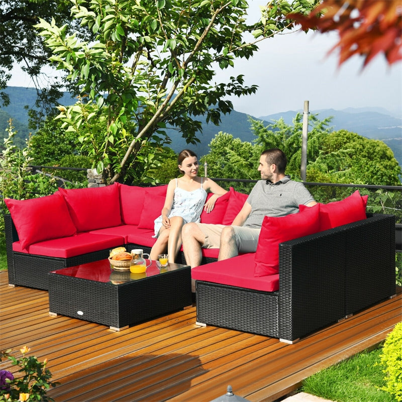 7-Piece PE Rattan Outdoor Sectional Sofa with Tempered Glass Top Table & Cushions, Wicker Patio Furniture Set for Garden Poolside Balcony