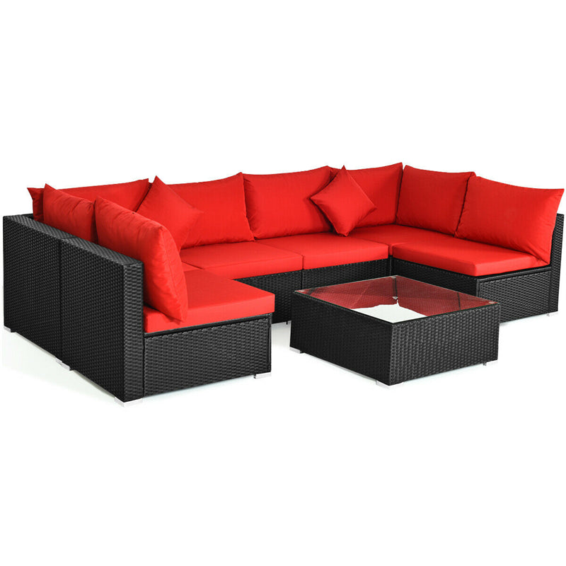 7-Piece PE Rattan Outdoor Sectional Sofa with Tempered Glass Top Table & Cushions, Wicker Patio Furniture Set for Garden Poolside Balcony