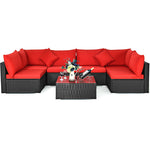 7-Piece PE Rattan Outdoor Sectional Sofa with Tempered Glass Top Table & Cushions, Wicker Patio Furniture Set for Garden Poolside Balcony