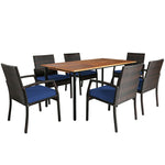 7 Pieces Patio Wicker Dining Furniture Set with Acacia Wood Tabletop Cushions & Umbrella Hole