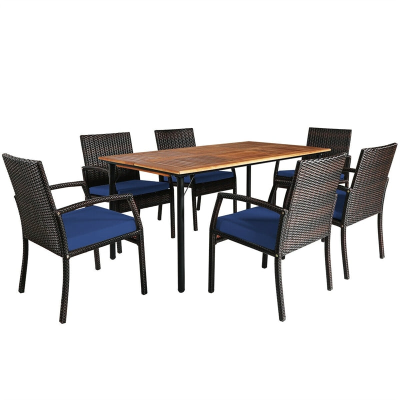 7 Piece Patio Wicker Dining Set Rattan Furniture Set with Acacia Wood Tabletop Cushions & Umbrella Hole
