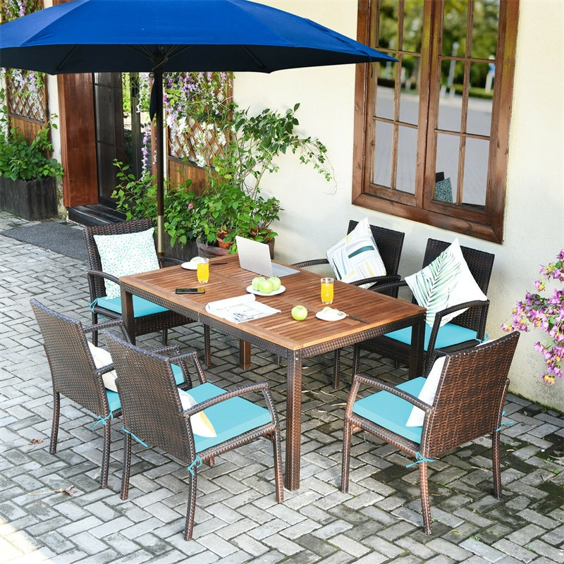 7 Piece Patio Wicker Dining Set Outdoor Acacia Wood Dining Furniture Set with Umbrella Hole & Steel Rattan Armchairs