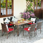 7 Pieces Patio Wicker Dining Furniture Set with Acacia Wood Tabletop Cushions & Umbrella Hole