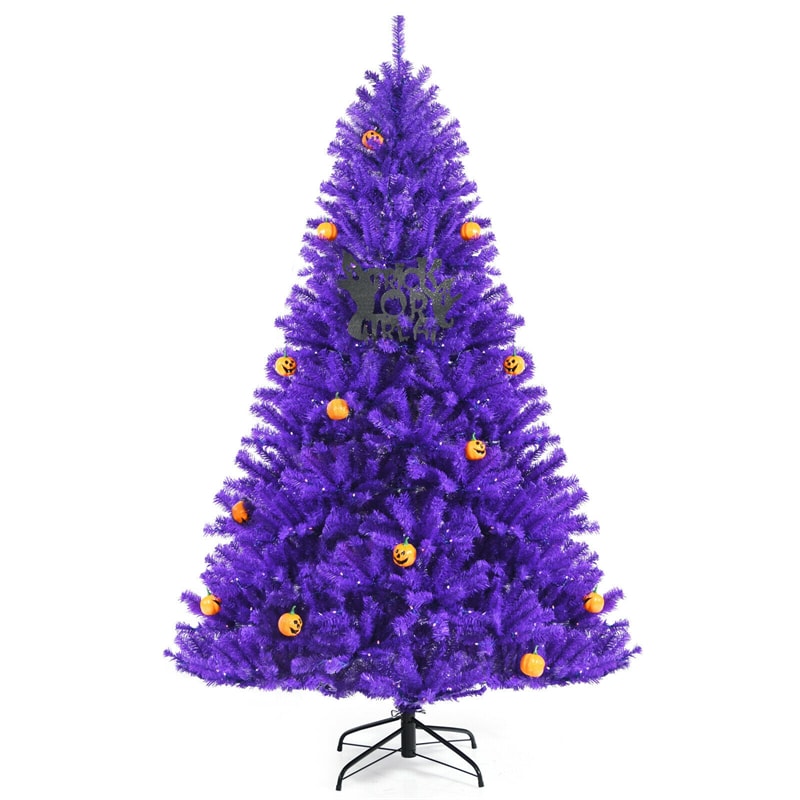 7 FT Artificial Prelit Purple Halloween Tree with Orange Lights & Pumpkin Ornaments