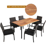 7 Piece Patio Wicker Dining Set Outdoor Acacia Wood Dining Furniture Set with Umbrella Hole & Steel Rattan Armchairs