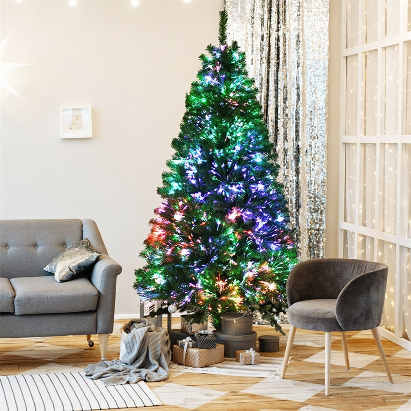 7ft Pre-lit Multi-Colored Fiber Optic Christmas Tree Spruce Artificial Xmas Tree with Metal Stand