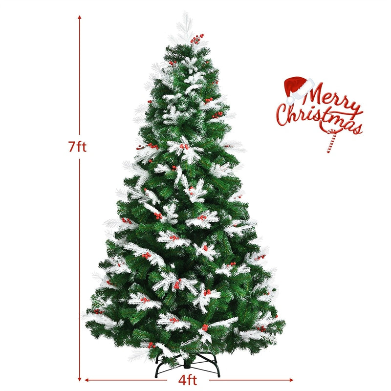 7ft Unlit Snow Flocked Hinged Christmas Tree with Folding Metal Stand