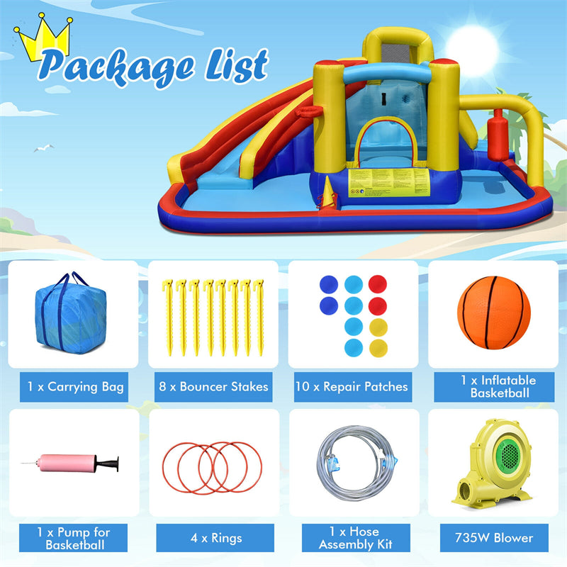 7 in 1 Giant Inflatable Pool Water Slide Kids Bounce House Jumping Castle Combo with 735W Blower