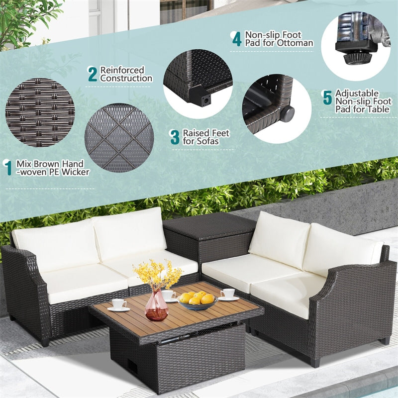 7 Piece Outdoor Hand-Woven PE Wicker Furniture Set Patio Cushioned Conversation Set Sectional Sofa with Acacia Coffee Table & Rattan Storage Box