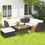 7 Piece Outdoor Hand-Woven PE Wicker Furniture Set Patio Conversation Set Sectional Sofa with Acacia Coffee Table & Storage Box