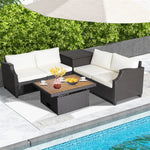 7 Piece Outdoor Hand-Woven PE Wicker Furniture Set Patio Cushioned Conversation Set Sectional Sofa with Acacia Coffee Table & Rattan Storage Box