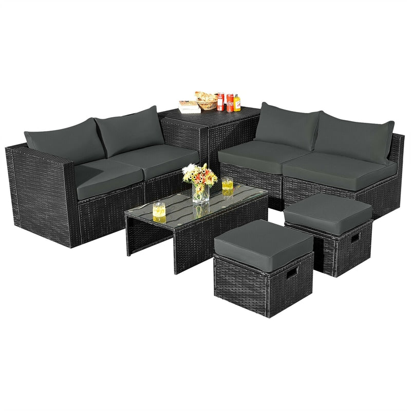 8 Piece Patio Rattan Furniture Set Outdoor Wicker Sectional Sofa Set with Storage Box, Tempered Glass Table, Ottomans & Waterproof Cover
