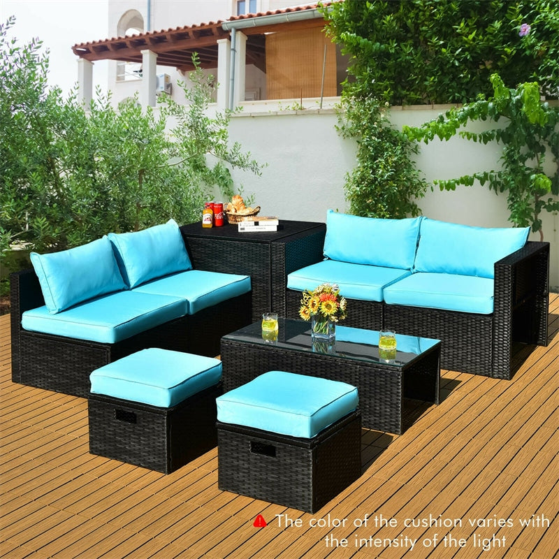 8 Piece Patio Rattan Furniture Set Outdoor Wicker Sectional Sofa Set with Storage Box, Tempered Glass Table, Ottomans & Waterproof Cover