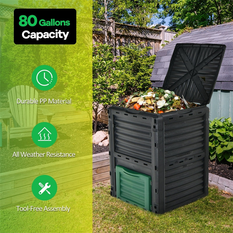 80 Gallon Outdoor Compost Bin Garden Fertilizer Barrel with Top Flip Door & Latch-on Lid