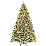 8FT Pre-lit Snow Flocked Christmas Tree Hinged Artificial Full Xmas Tree 1502 Branch Tips with 650 LED Lights & Metal Stand