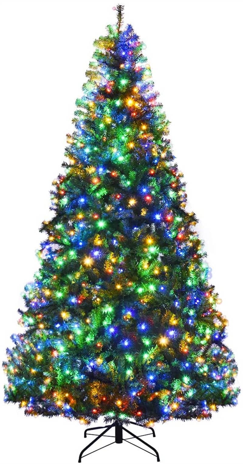 8FT Pre-lit Artificial Christmas Tree Hinged Xmas Tree with 750 Multicolor LED Lights 2128 PVC Branch & Metal Stand