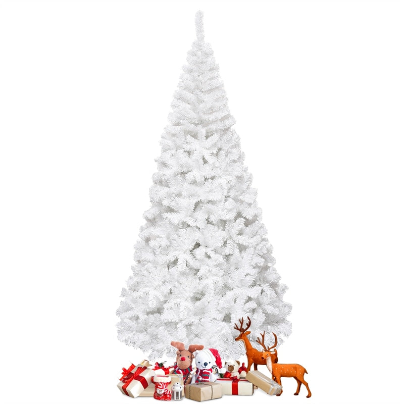 8FT White PVC Hinged Pine Snow-flocked Artificial Christmas Tree with Metal Stand