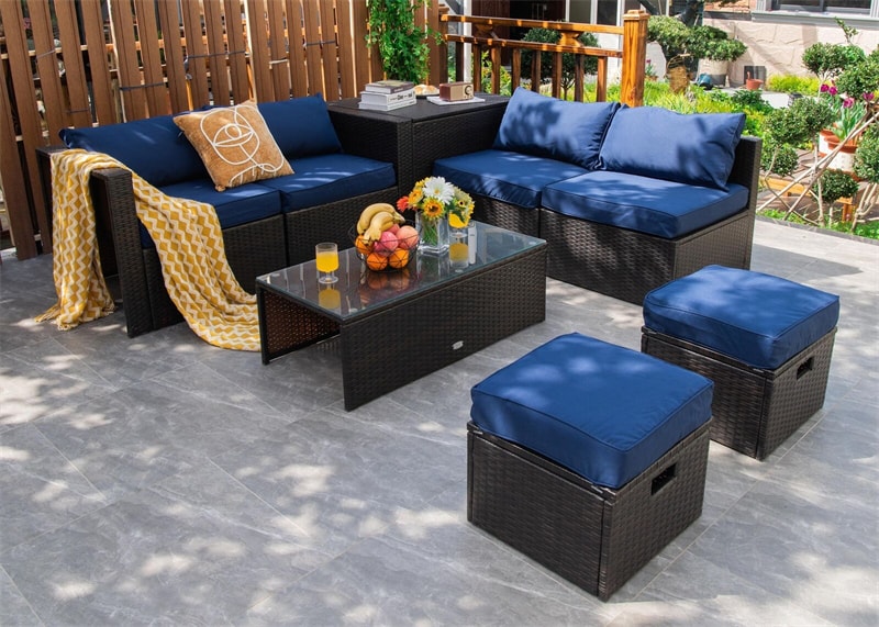 8 Piece Space-saving PE Rattan Wicker Outdoor Sectional Sofa Modular Patio Furniture with Storage Box & Waterproof Cover
