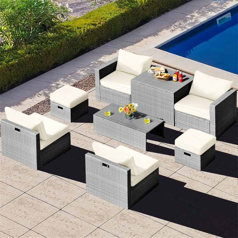 8-Piece Patio Wicker Furniture Set Outdoor Rattan Conversation Set with Storage Box